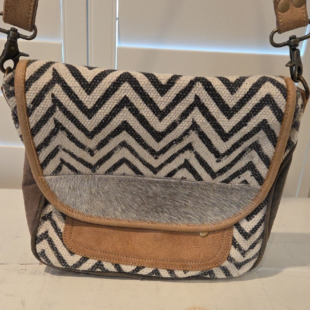 Myra Tan and Black Crossbody Bag with Chevron Design